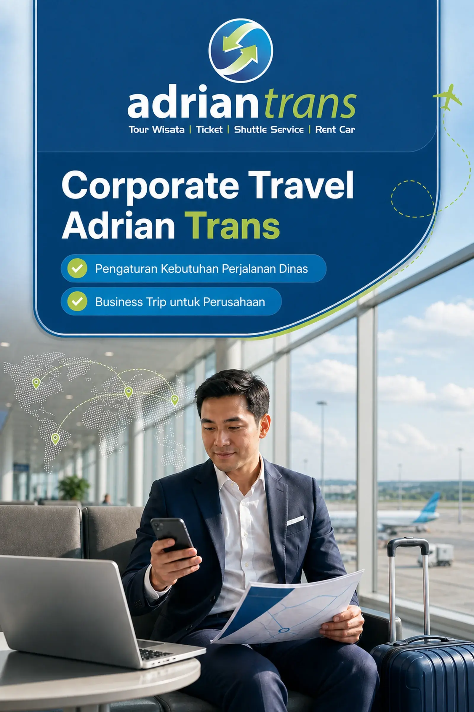 Poster informasi layanan corporate dan event support Adrian Trans