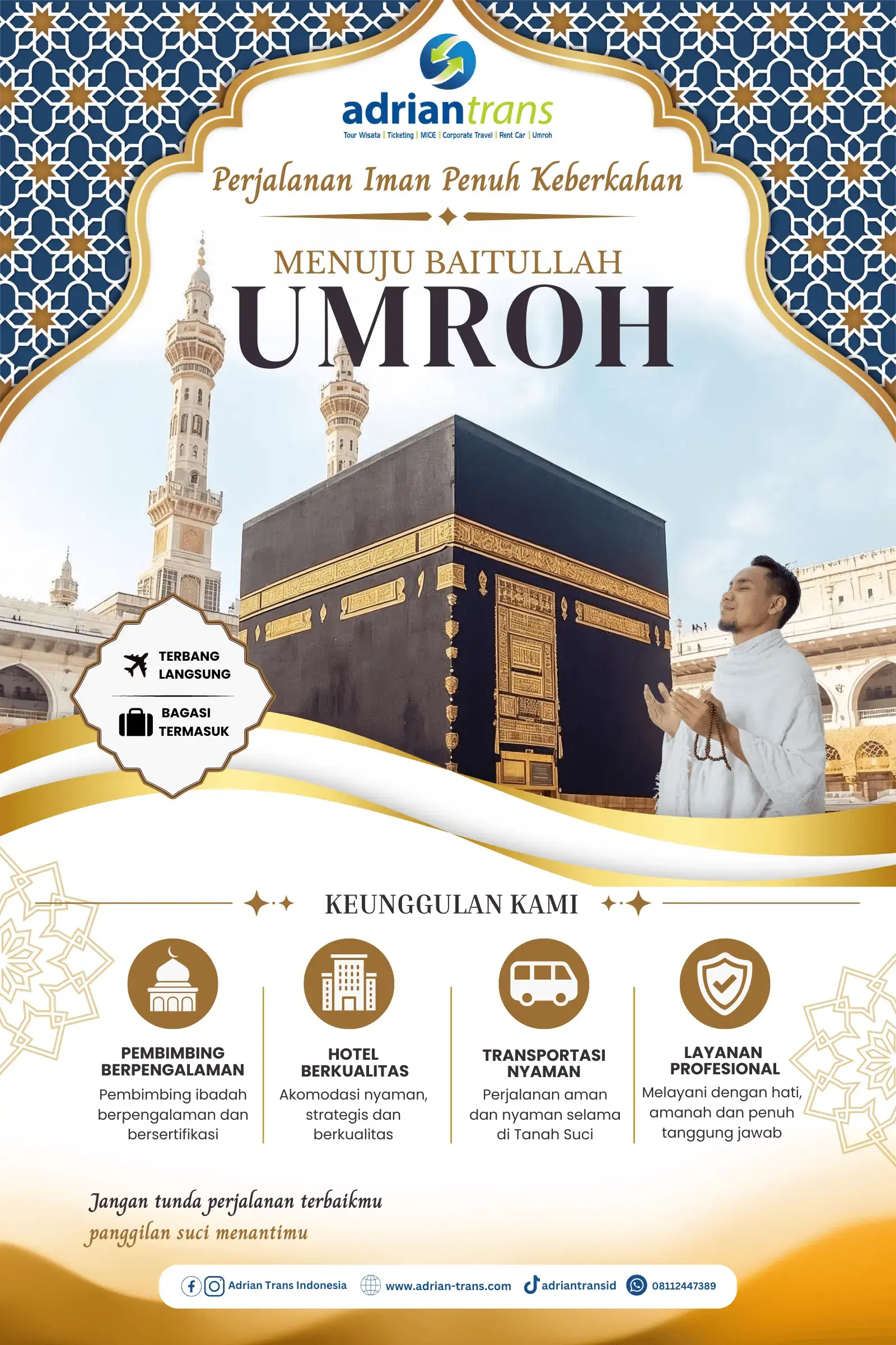 Poster informasi layanan umroh Adrian Trans