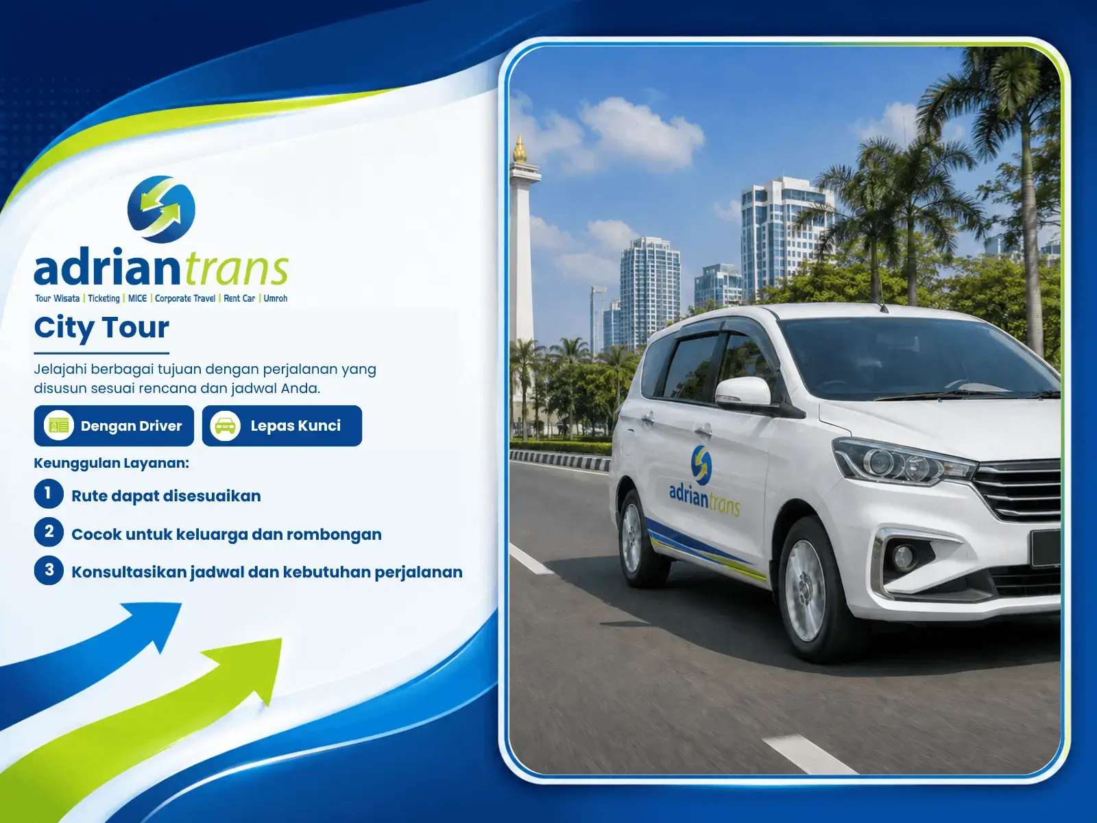 Flyer layanan city tour Adrian Trans dari Cirebon