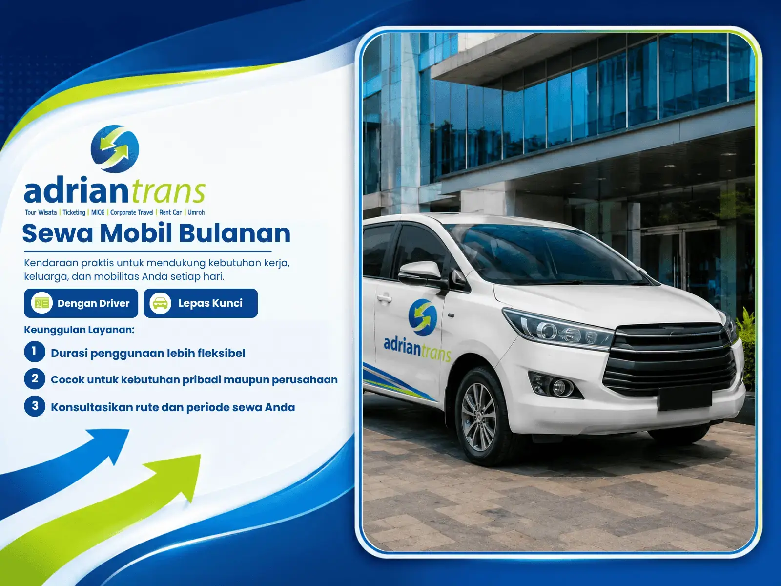 Flyer layanan sewa mobil bulanan Adrian Trans di Cirebon