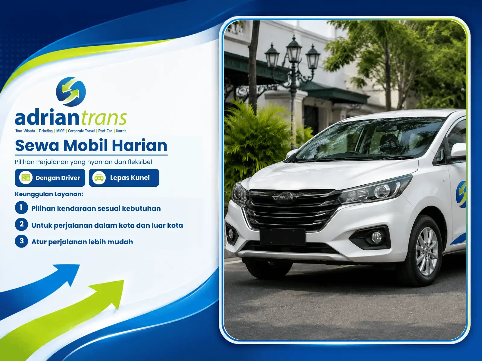 Flyer layanan sewa mobil harian Adrian Trans di Cirebon