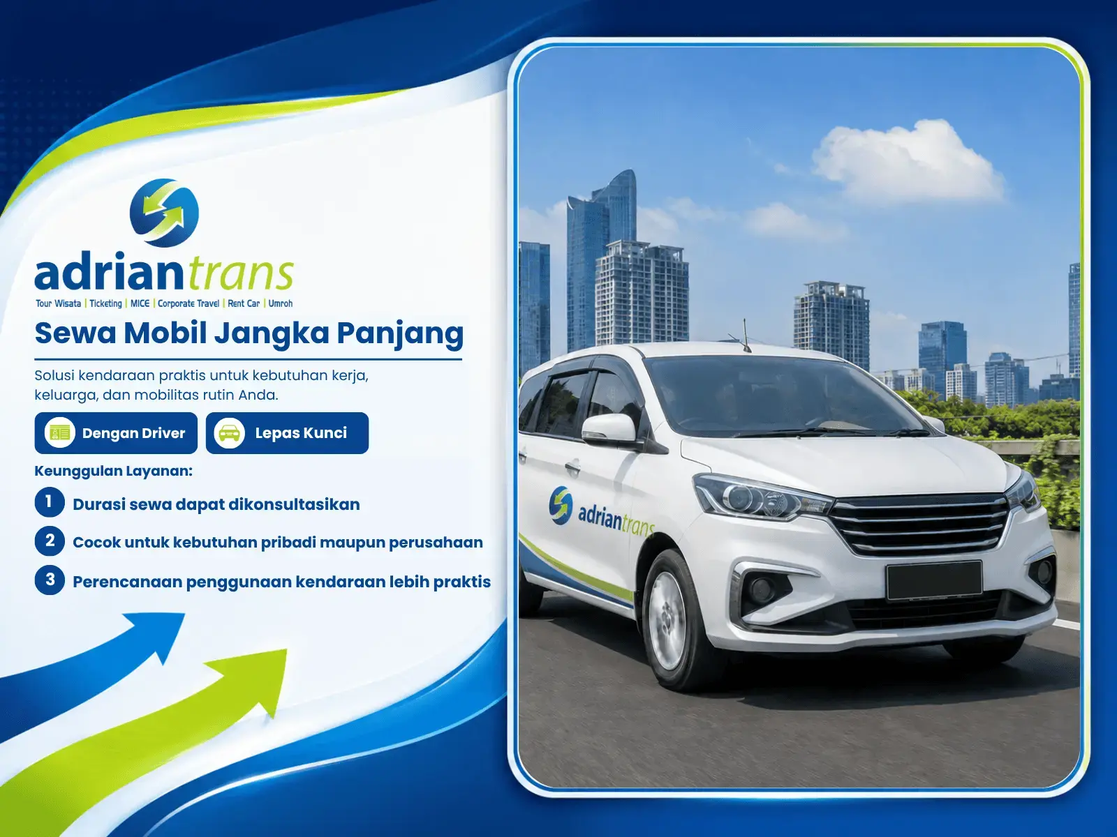 Flyer layanan sewa mobil jangka panjang Adrian Trans di Cirebon