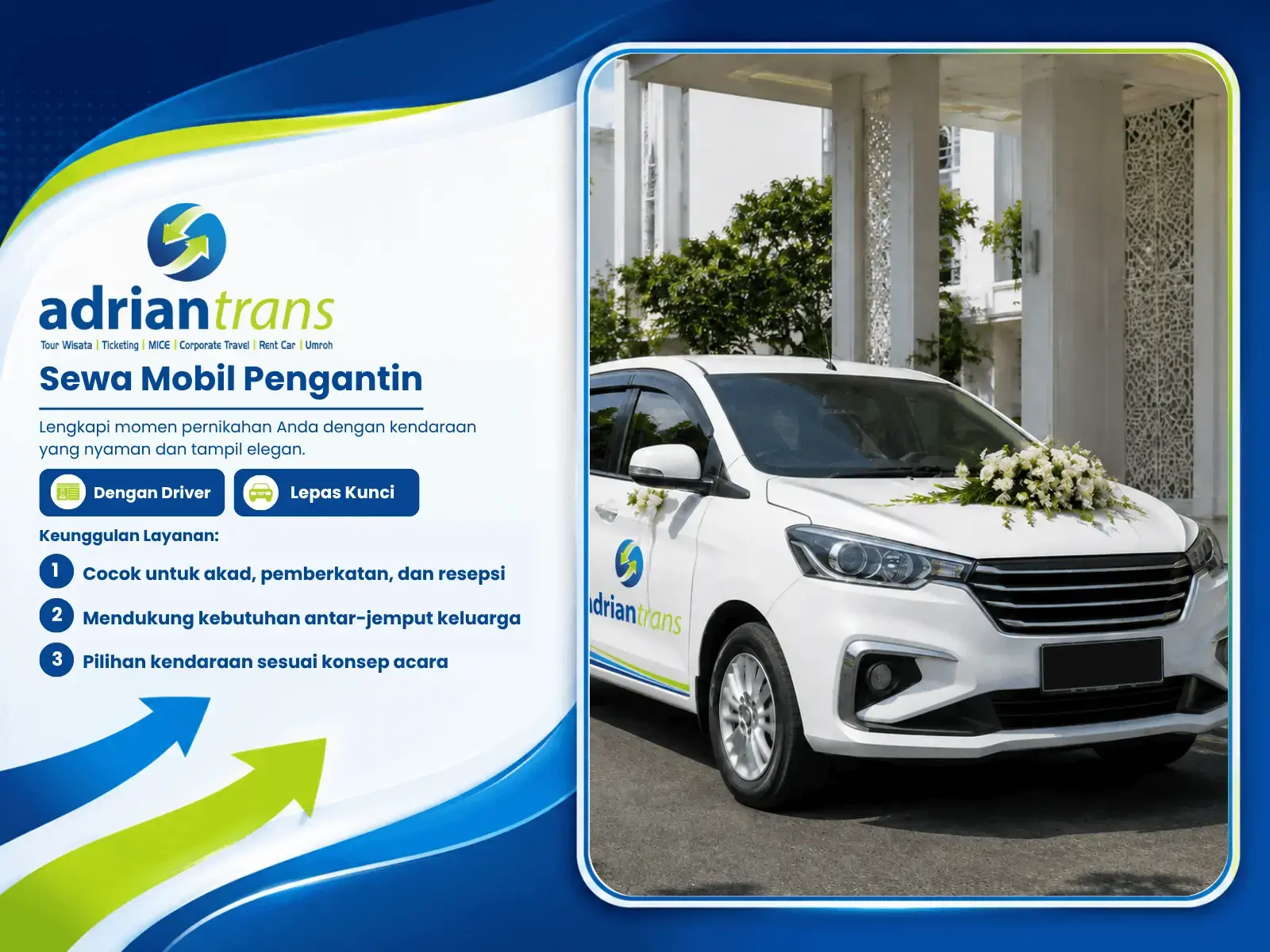 Flyer layanan sewa mobil pengantin Adrian Trans di Cirebon
