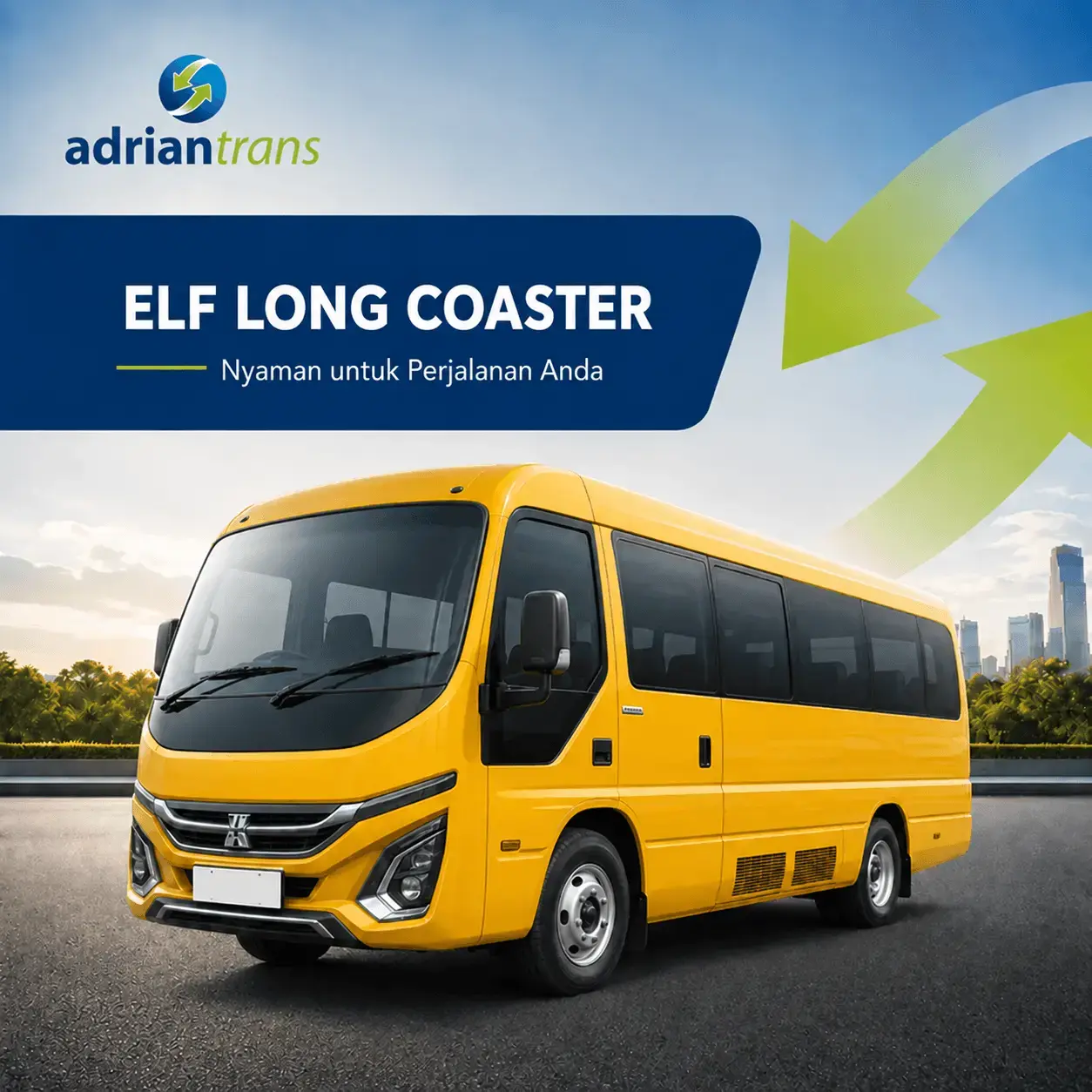 Mitsubishi Elf Long Coaster untuk layanan rental Adrian Trans